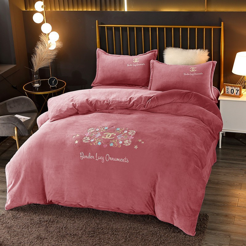 Ch*el four piece bed suit bedding embroidered logo & flowers