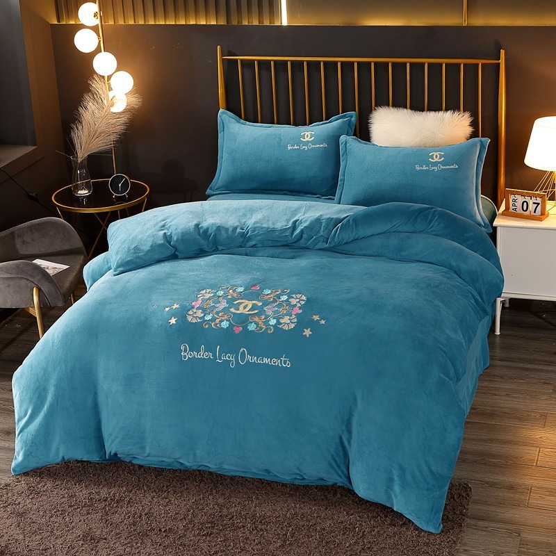 Ch*el four piece bed suit bedding embroidered logo & flowers