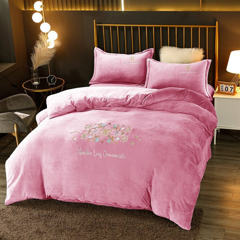 Ch*el four piece bed suit bedding embroidered logo & flowers