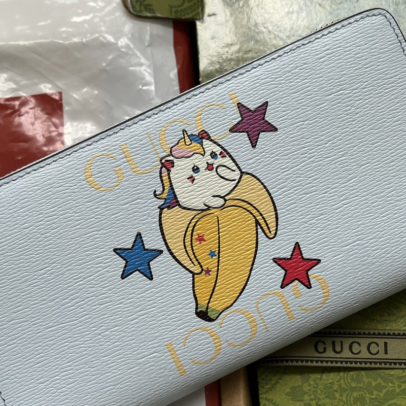 G*u*i bananya print zip around wallet light blue leather