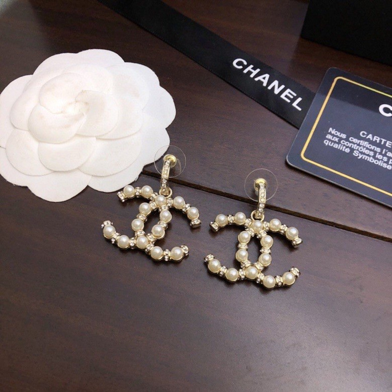 Ch*el  cc logo pearl crystal gold tone  drop earrings