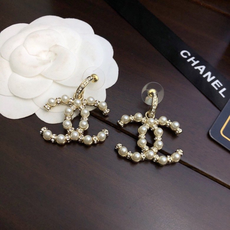 Ch*el  cc logo pearl crystal gold tone  drop earrings