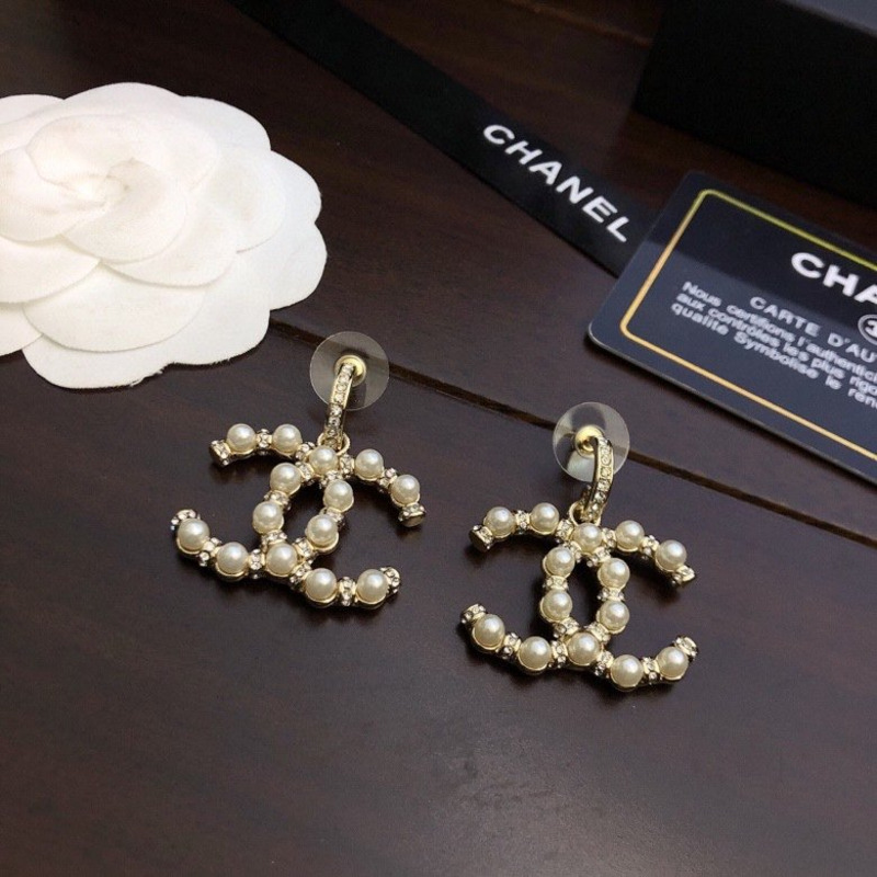 Ch*el  cc logo pearl crystal gold tone  drop earrings