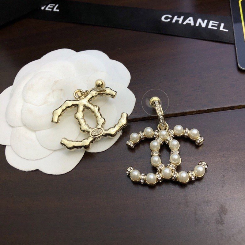 Ch*el  cc logo pearl crystal gold tone  drop earrings