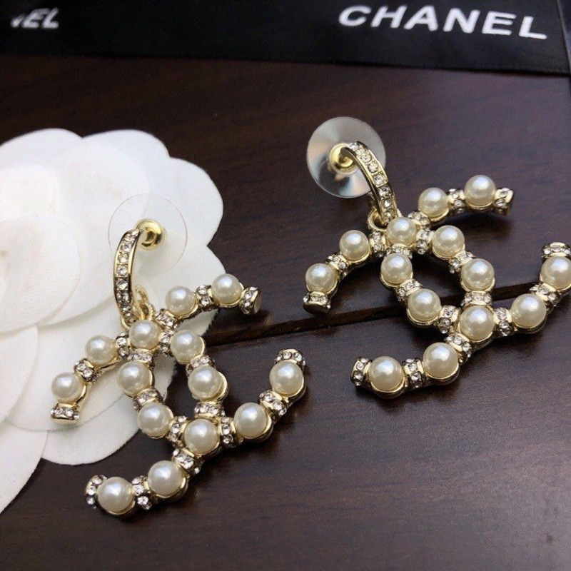 Ch*el  cc logo pearl crystal gold tone  drop earrings