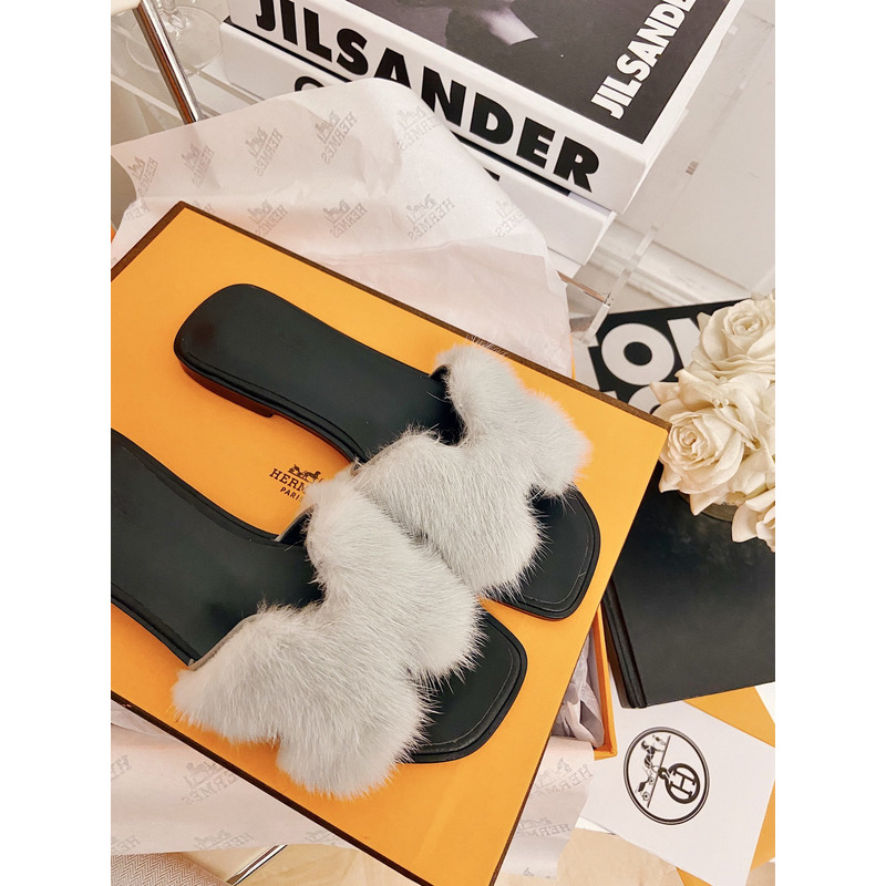 H**mes womens fur fluffy slip on flat sliders slipper shoes