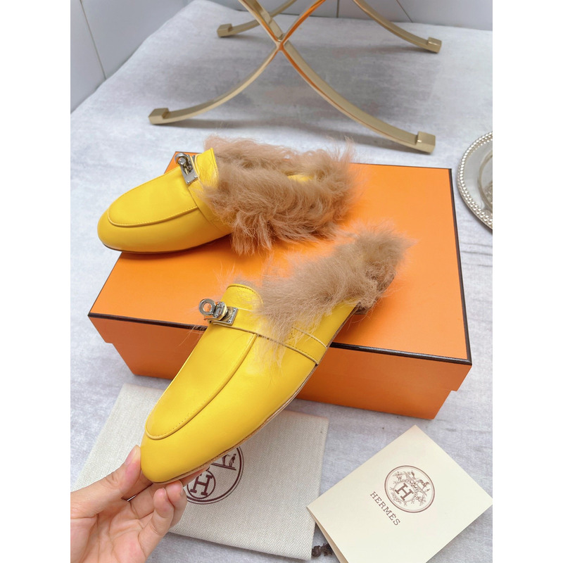 H**mes fur loafers yellow