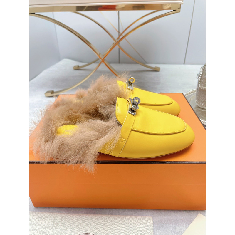 H**mes fur loafers yellow