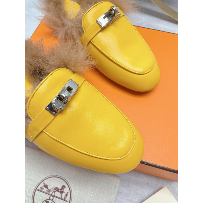 H**mes fur loafers yellow