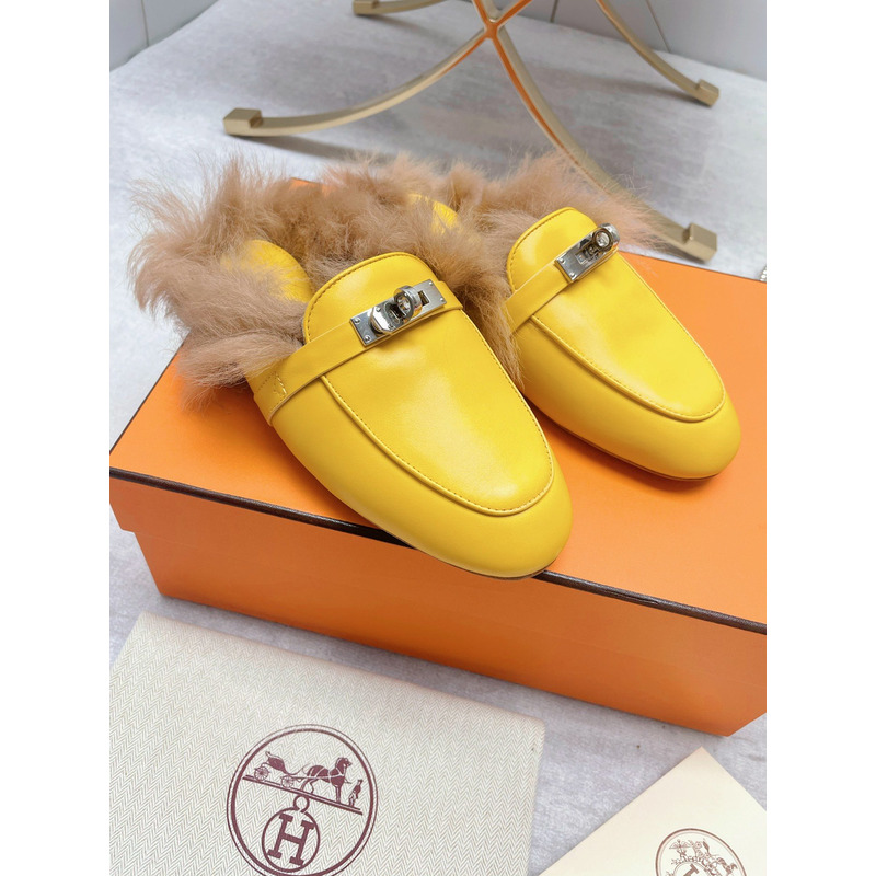 H**mes fur loafers yellow