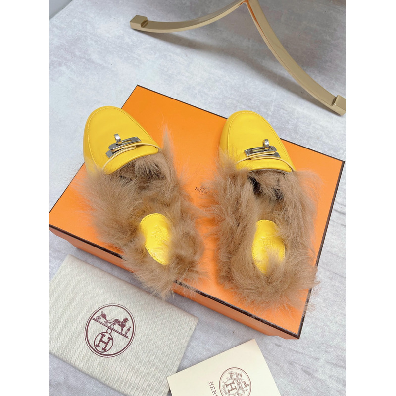 H**mes fur loafers yellow