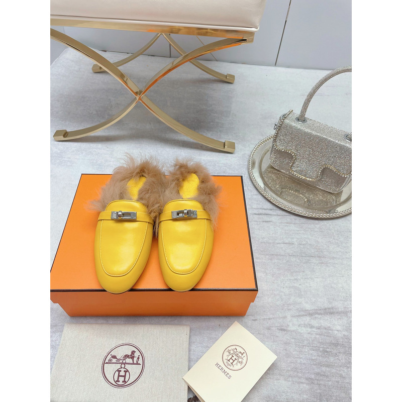 H**mes fur loafers yellow