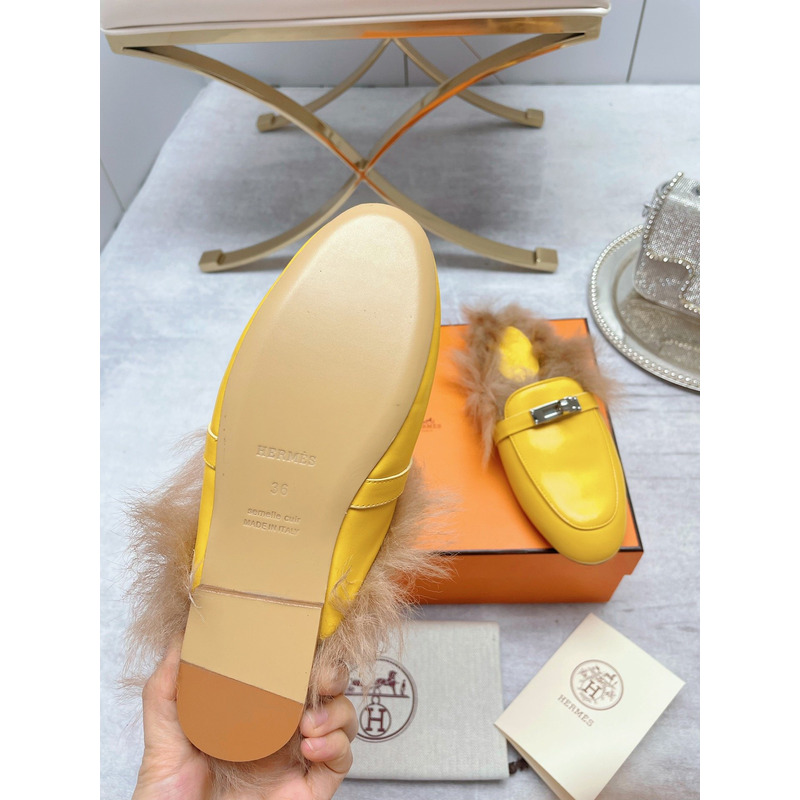 H**mes fur loafers yellow