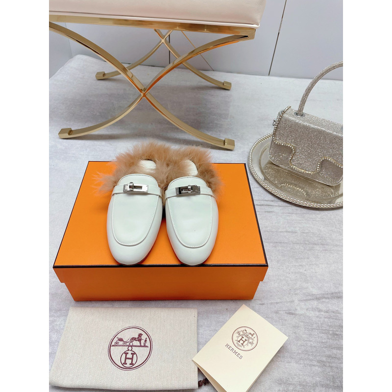 H**mes fur loafers white