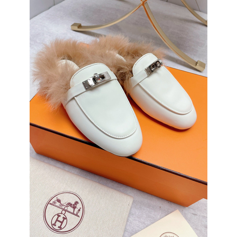 H**mes fur loafers white