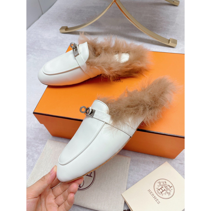 H**mes fur loafers white