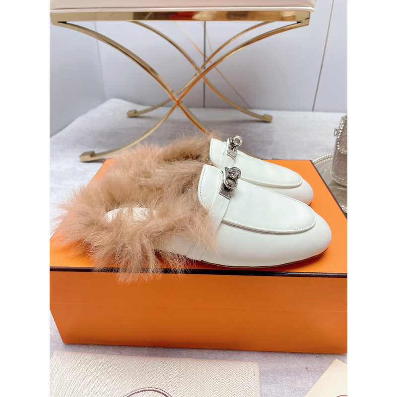 H**mes fur loafers white