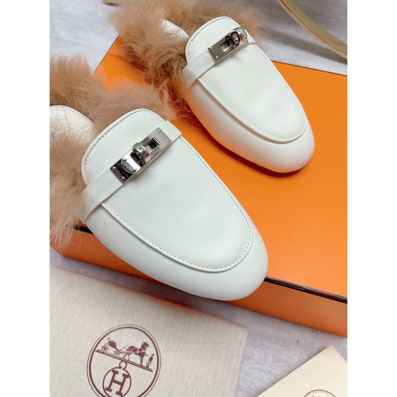 H**mes fur loafers white