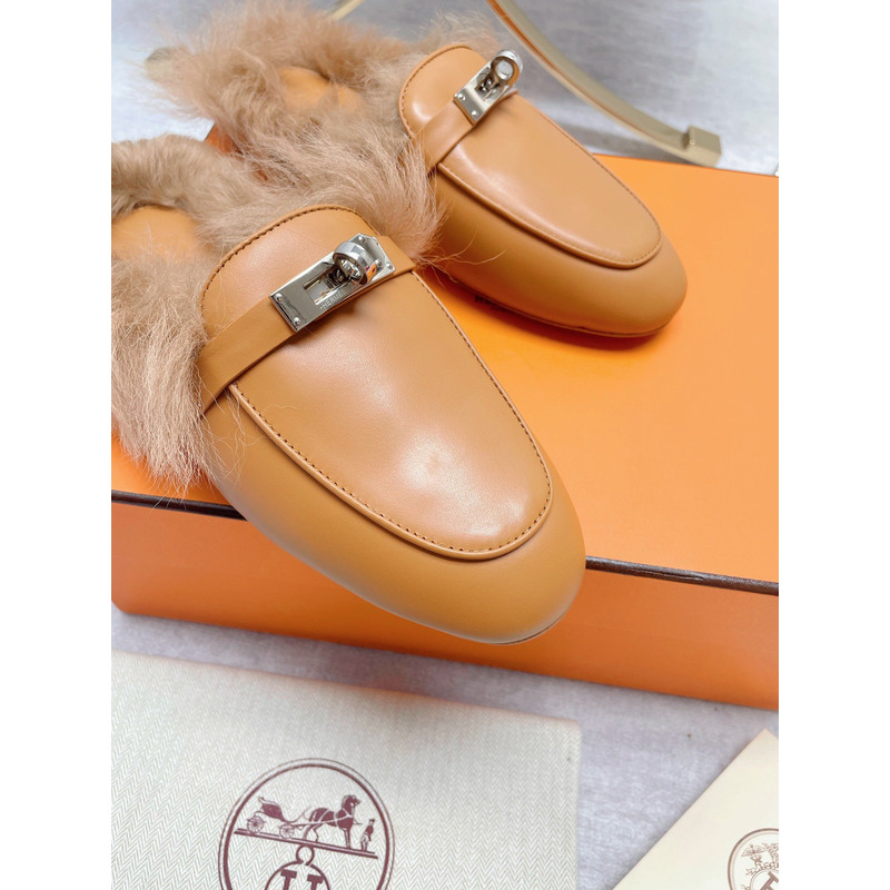 H**mes fur loafers brown