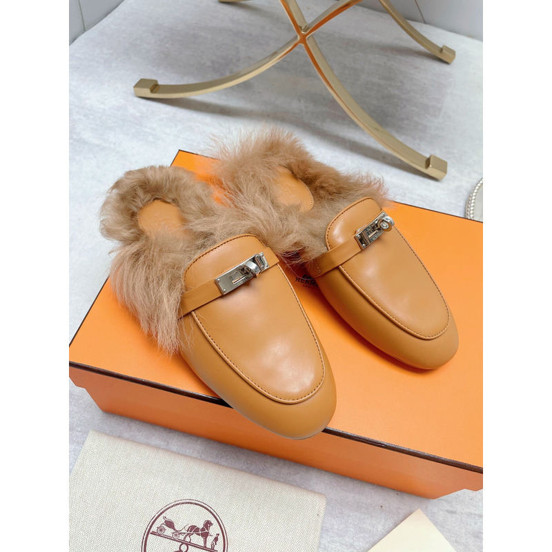 H**mes fur loafers brown