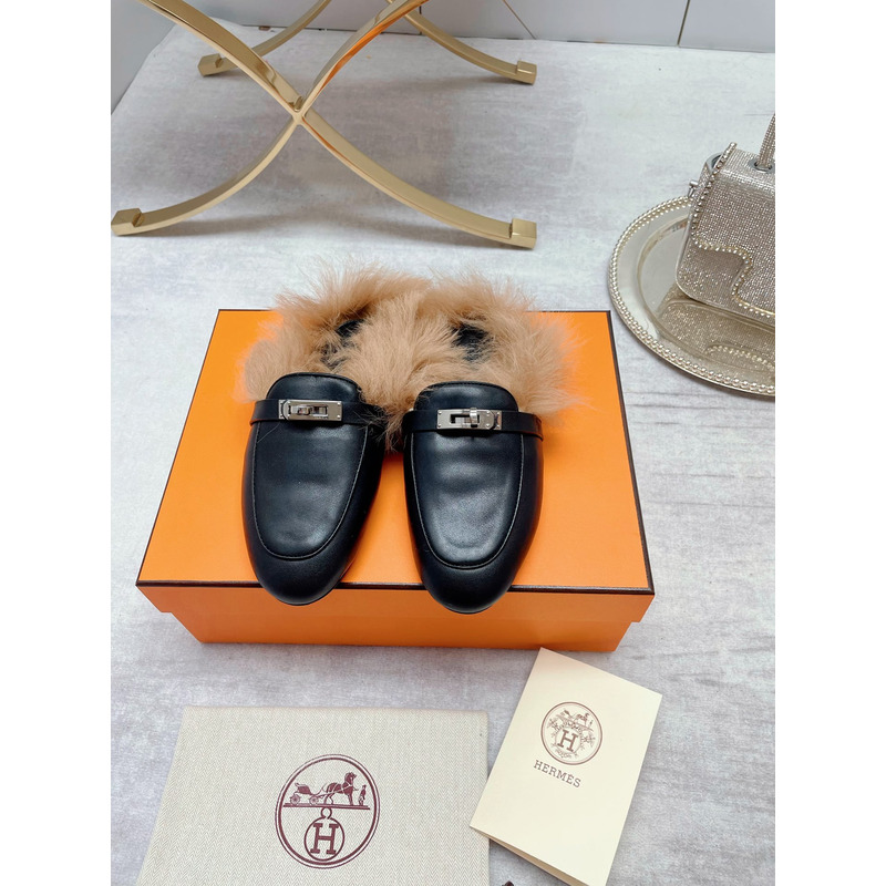 H**mes fur loafers black