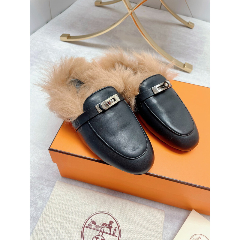 H**mes fur loafers black