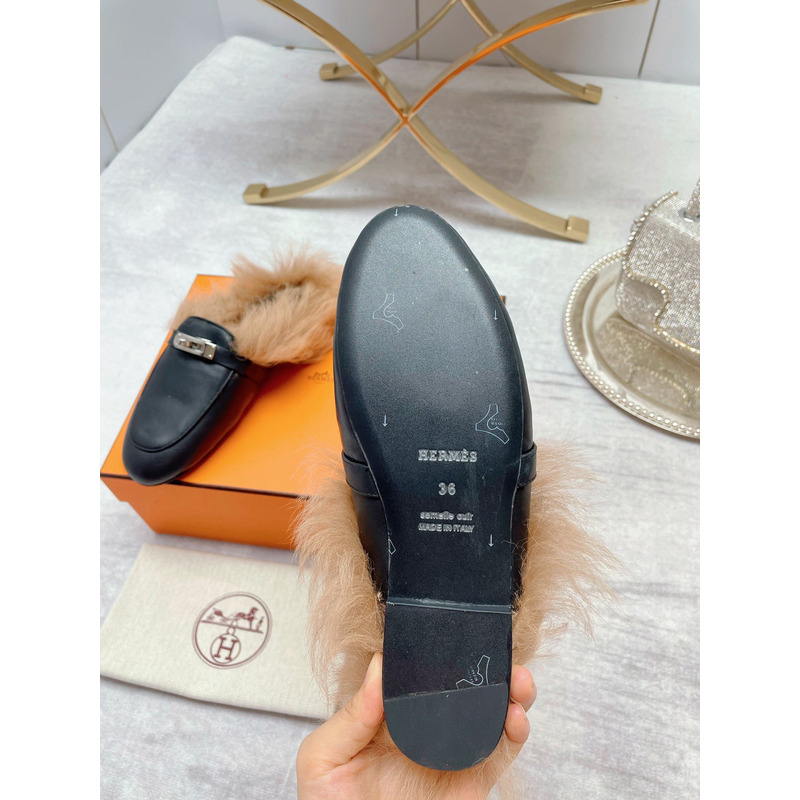 H**mes fur loafers black