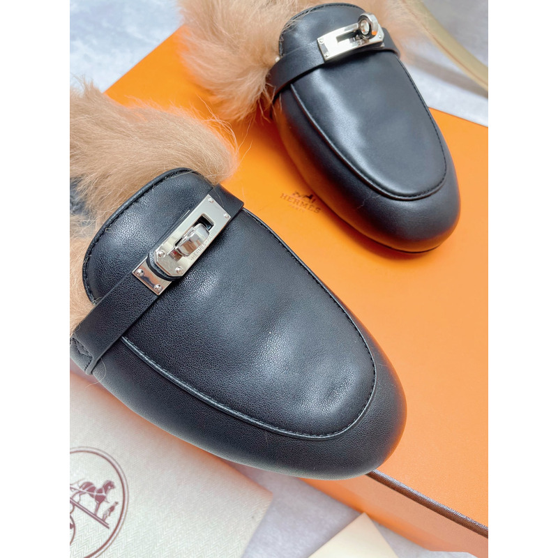 H**mes fur loafers black