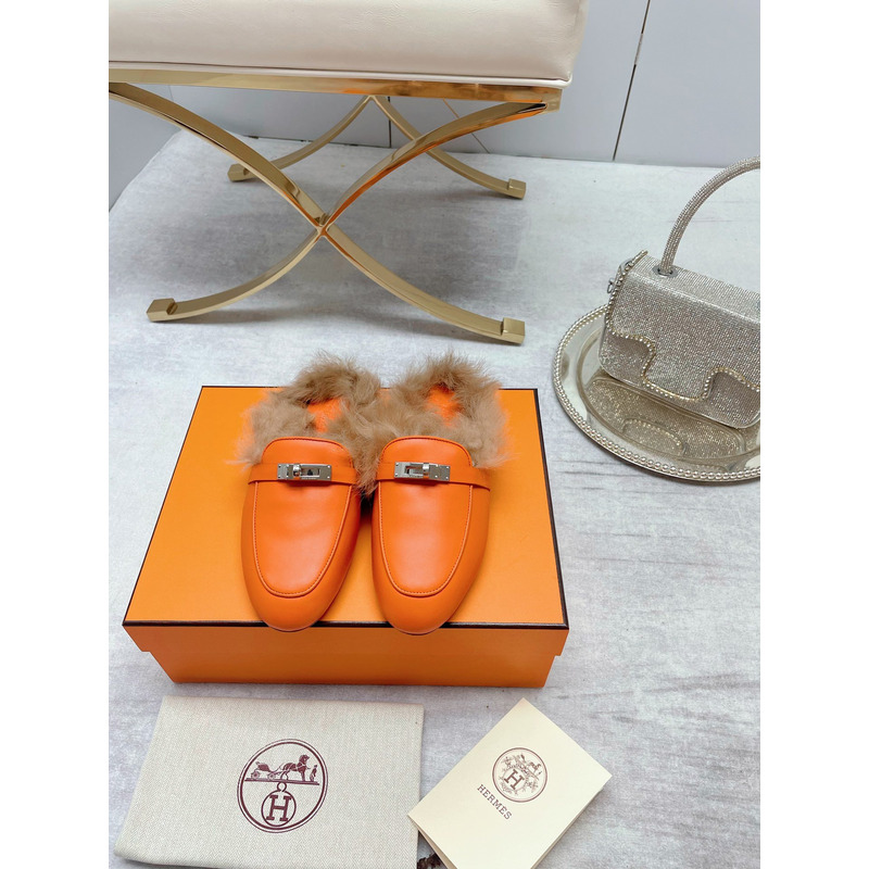 H**mes fur loafers orange