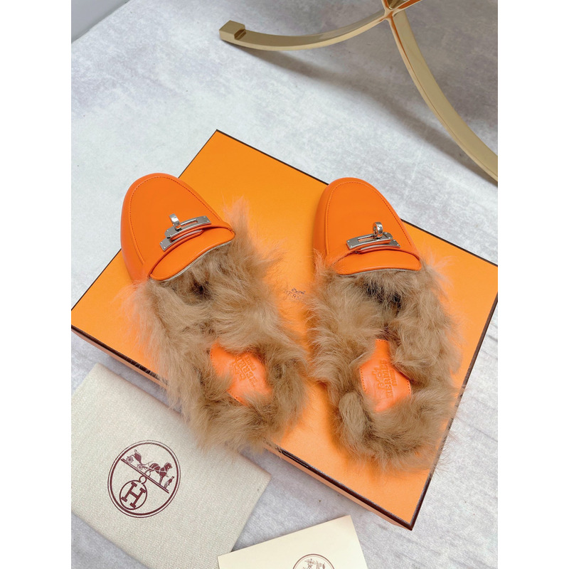 H**mes fur loafers orange