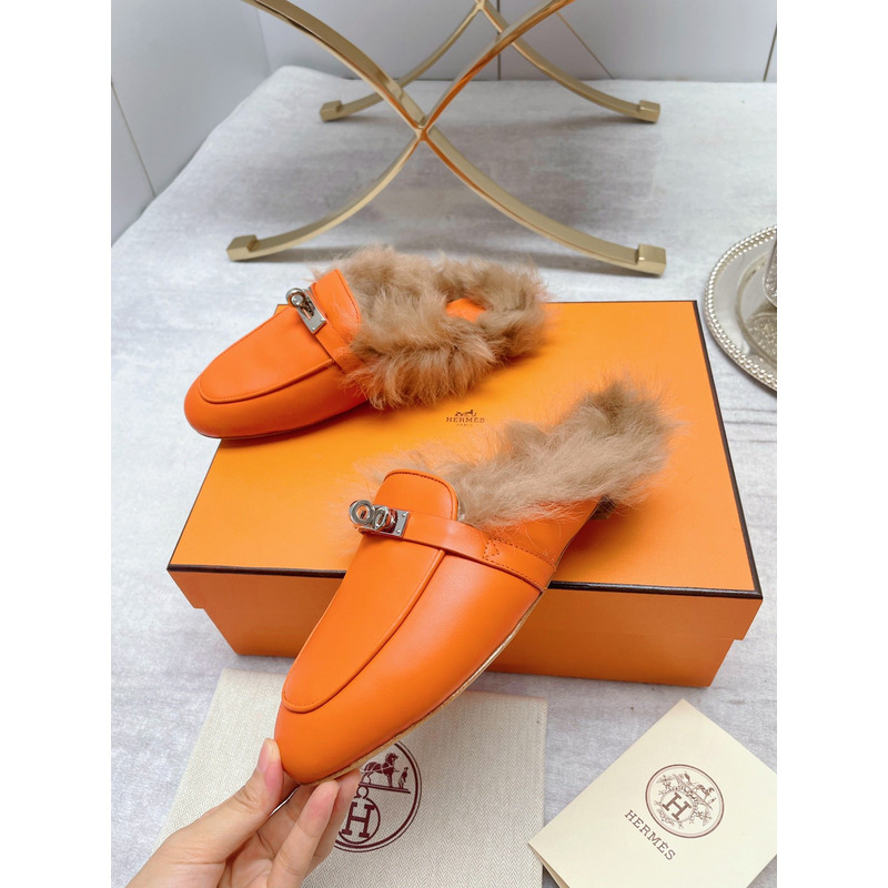 H**mes fur loafers orange