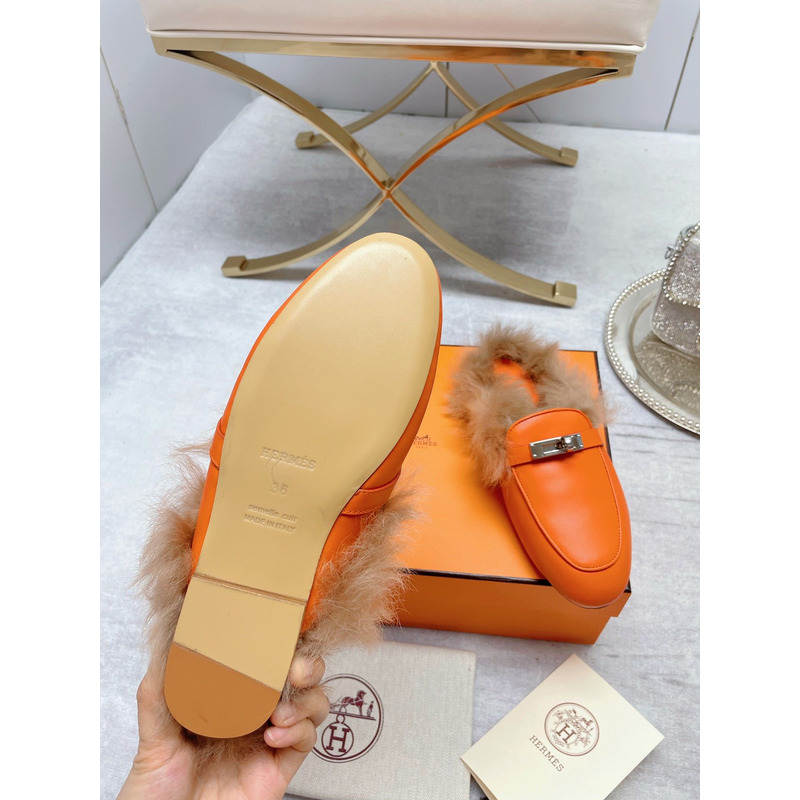 H**mes fur loafers orange