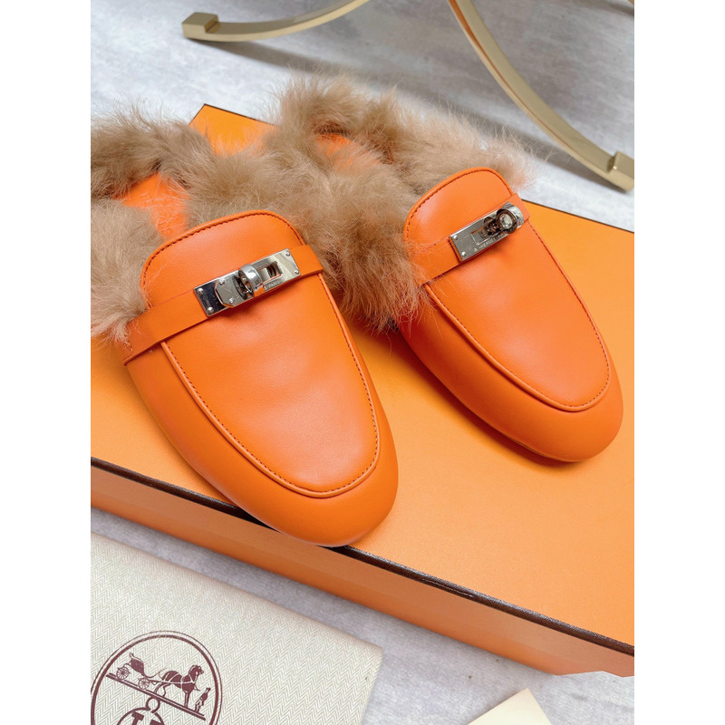 H**mes fur loafers orange