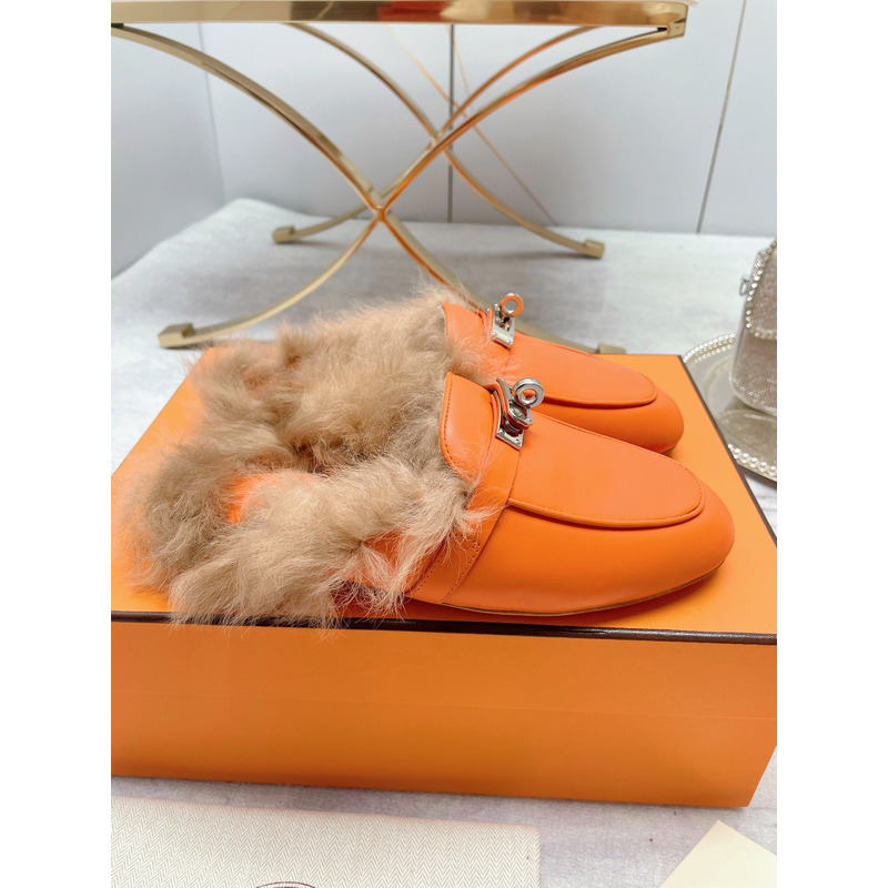 H**mes fur loafers orange