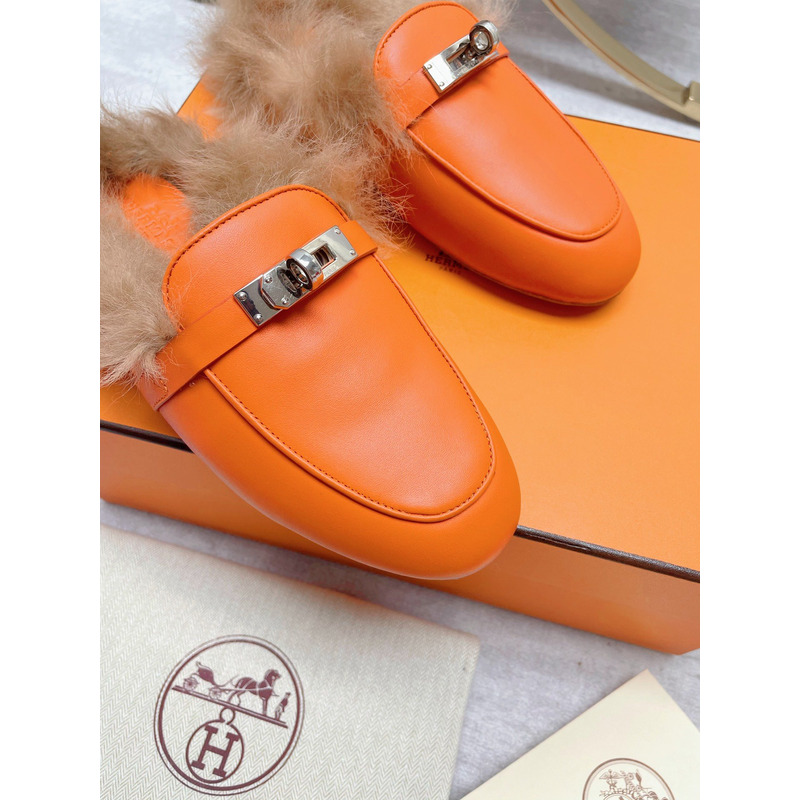 H**mes fur loafers orange