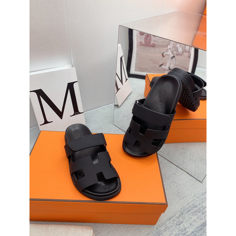 H**mes chypre leather flat sandals black