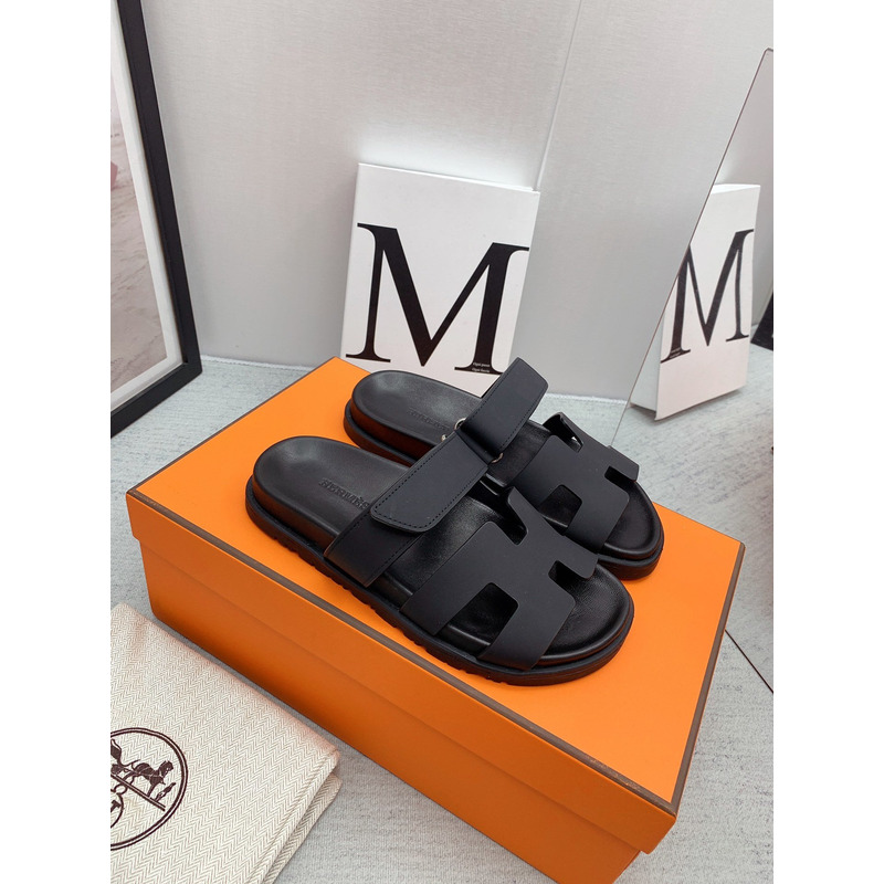 H**mes chypre leather flat sandals black