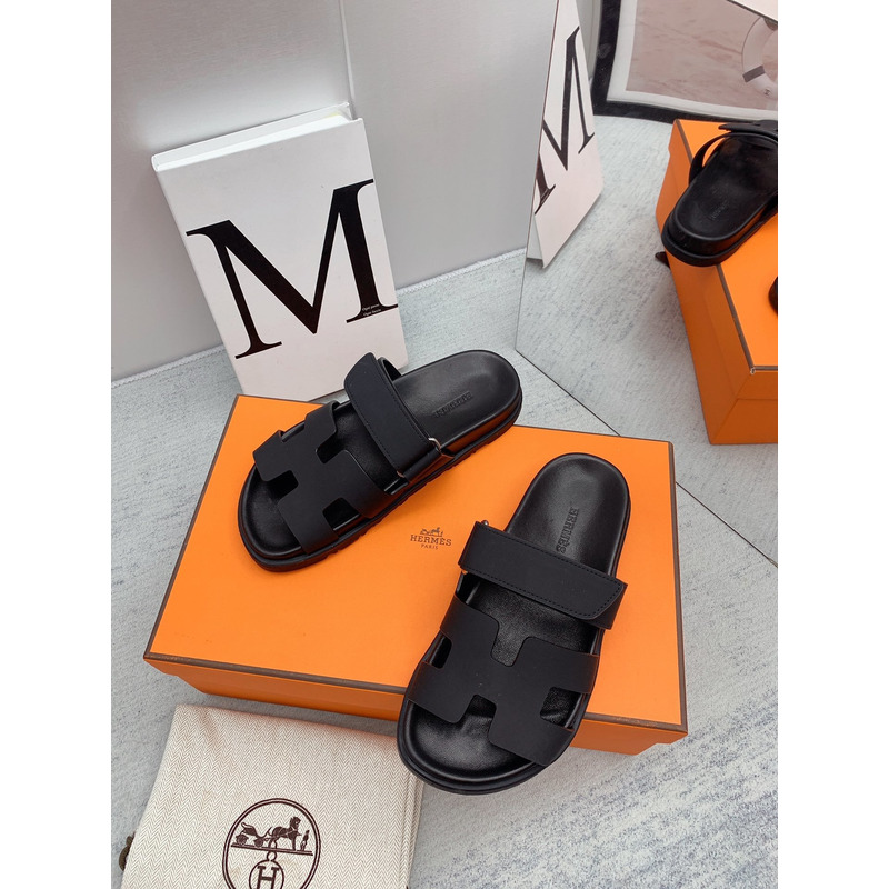 H**mes chypre leather flat sandals black