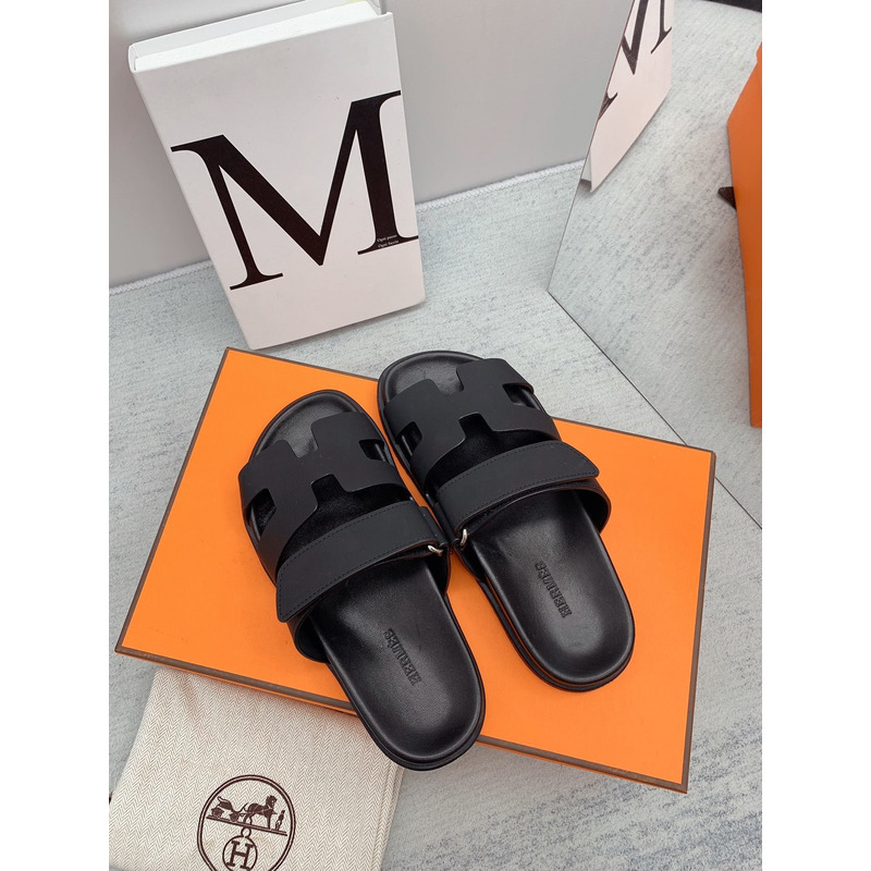 H**mes chypre leather flat sandals black