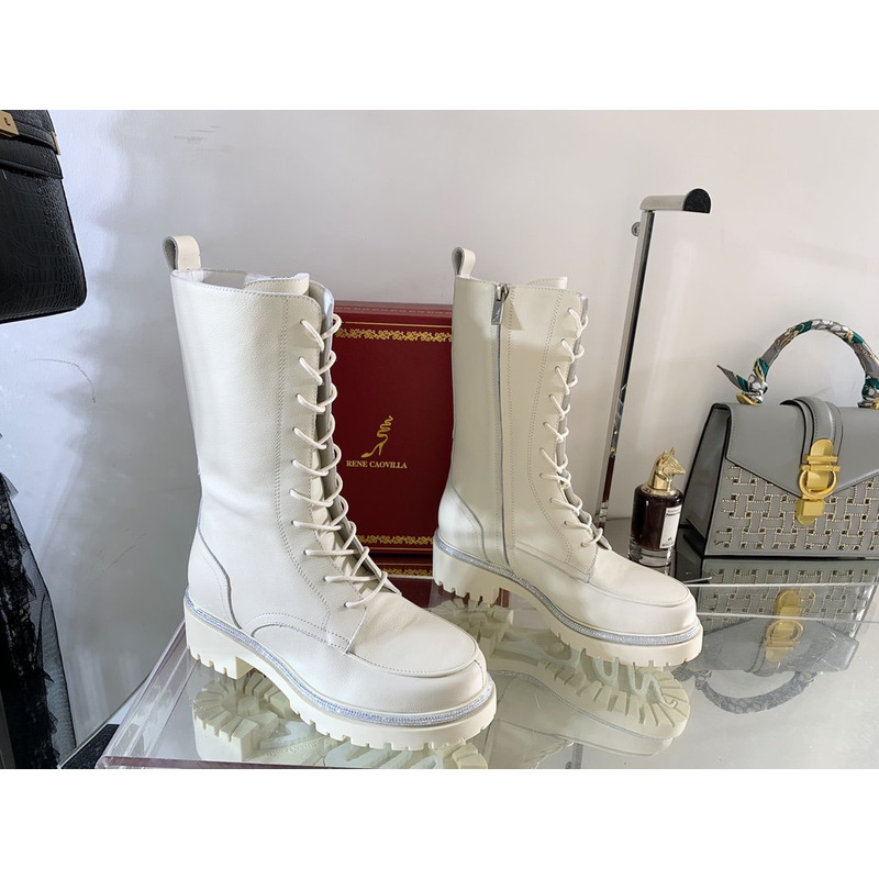 Rene Caovilla Lace Up Mid Calf Boots White