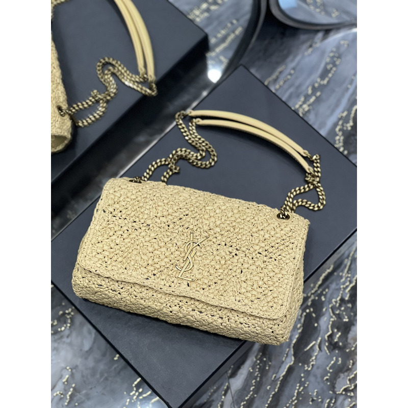 Saint Laurent Jamie Flat Shoulder Bag Crochet Raffia Beige