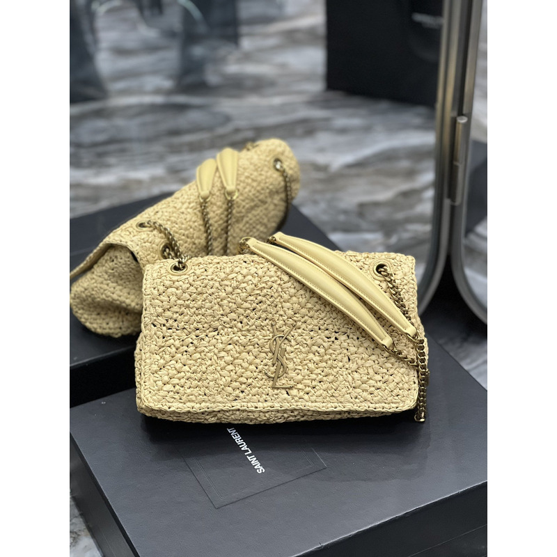 Saint Laurent Jamie Flat Shoulder Bag Crochet Raffia Beige