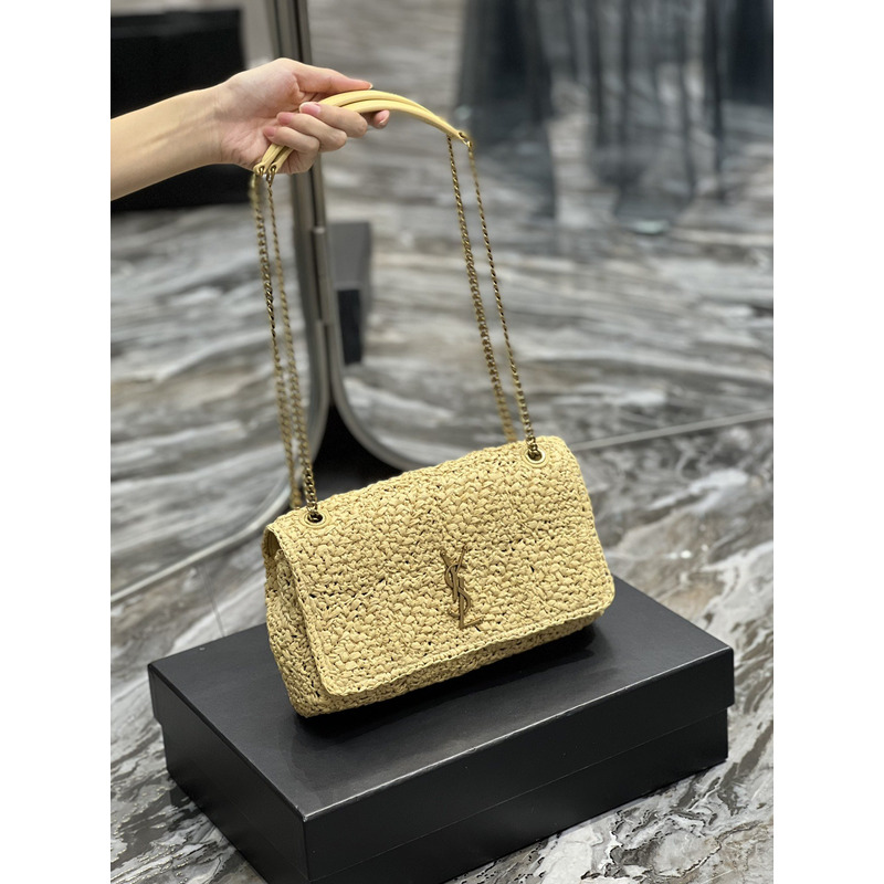 Saint Laurent Jamie Flat Shoulder Bag Crochet Raffia Beige