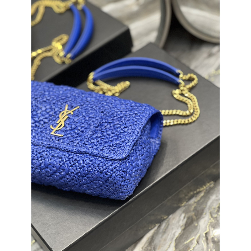 Saint Laurent Jamie Flat Shoulder Bag Crochet Raffia Blue