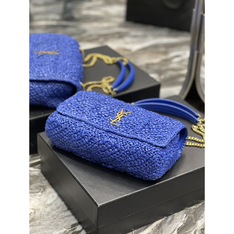 Saint Laurent Jamie Flat Shoulder Bag Crochet Raffia Blue