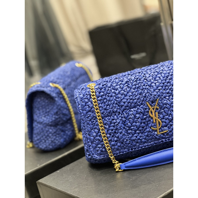 Saint Laurent Jamie Flat Shoulder Bag Crochet Raffia Blue