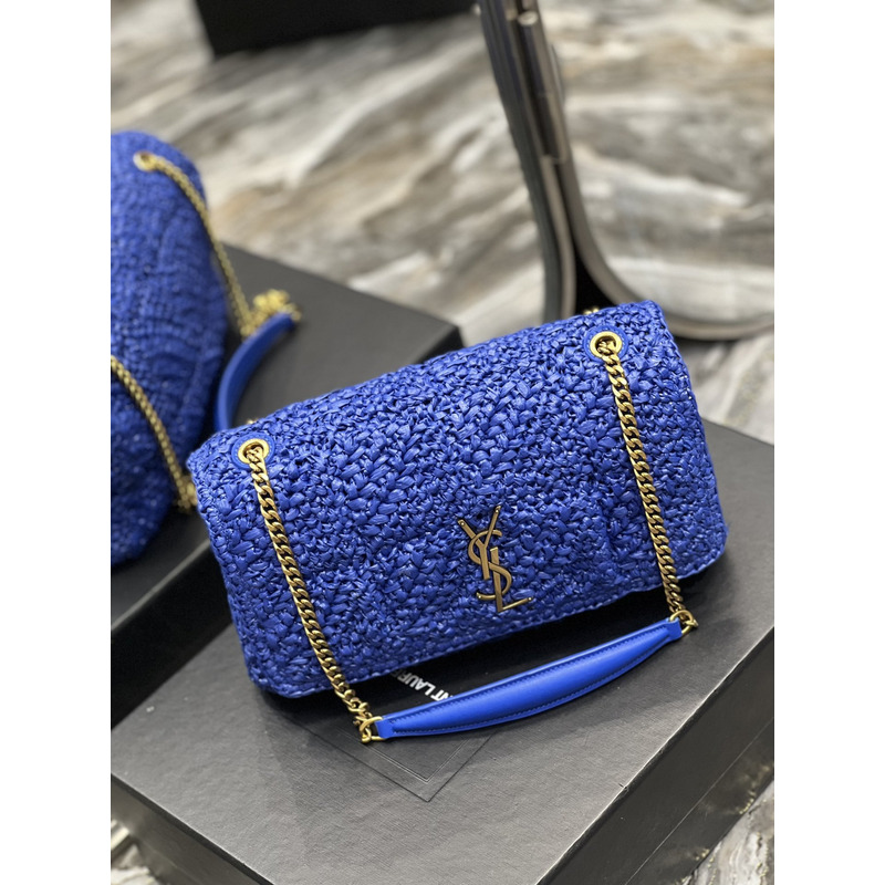 Saint Laurent Jamie Flat Shoulder Bag Crochet Raffia Blue