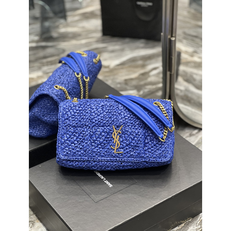 Saint Laurent Jamie Flat Shoulder Bag Crochet Raffia Blue