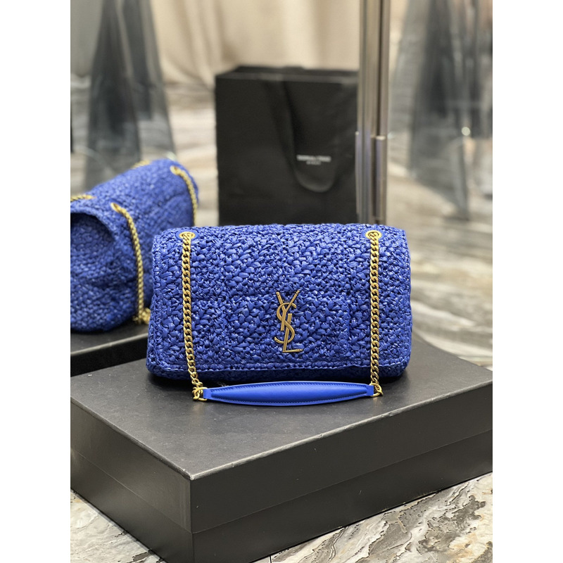 Saint Laurent Jamie Flat Shoulder Bag Crochet Raffia Blue