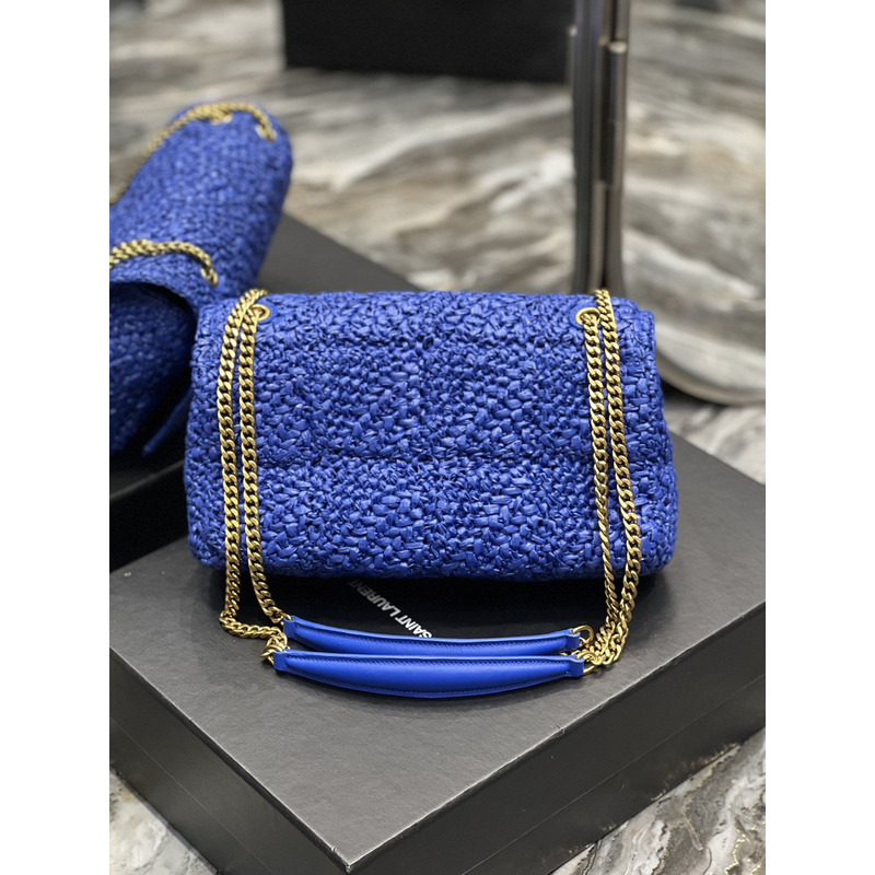 Saint Laurent Jamie Flat Shoulder Bag Crochet Raffia Blue